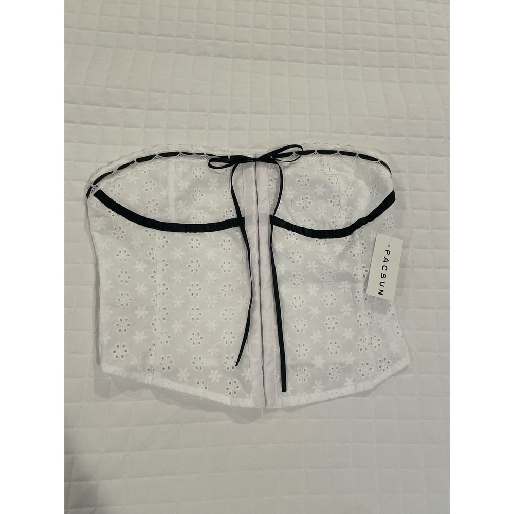 Pacsun Beverly‎ and Beck White Eyelet Corset Top Black Trim XS